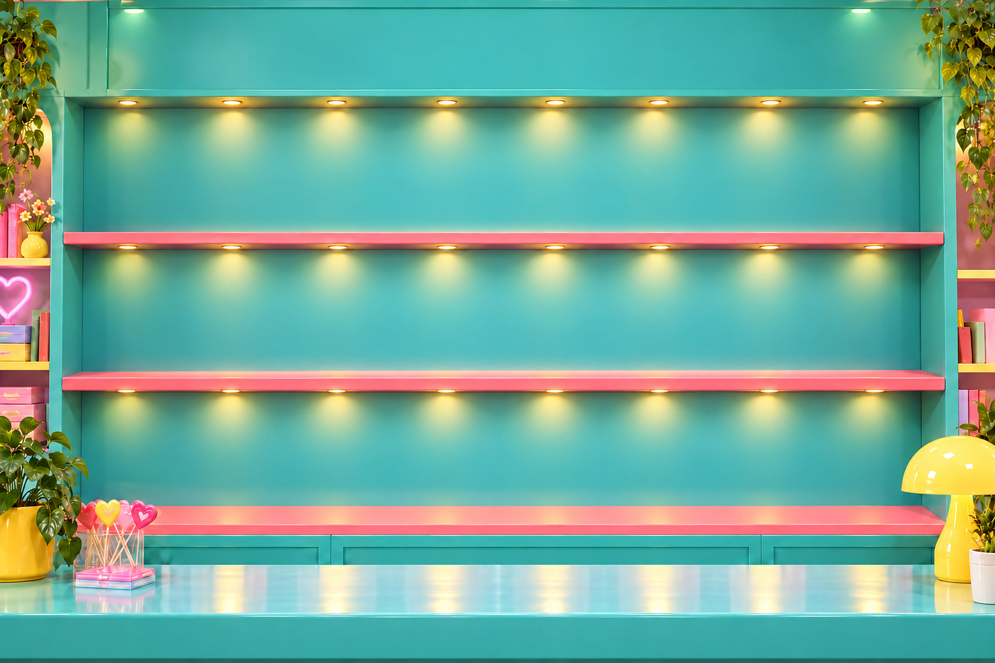 Teal and coral doll shop with warmly lit shelves and a polished counter